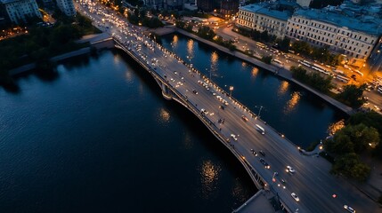 Aufkleber - A breathtaking aerial view of a busy city bridge at night adorned with streaks of light from moving traffic below : Generative AI
