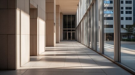 Poster - Modern urban architecture with large glass windows and sleek design creating a bright comfortable office environment : Generative AI