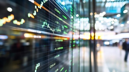 Leinwandbilder - Stock market data visualized with hightech graphics displayed on a glass panel in a busy setting : Generative AI