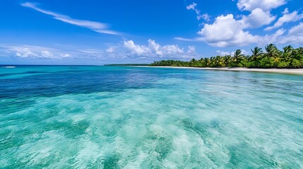 Aufkleber - Stunning Tropical Beach with Crystal Clear Water and Lush Palm Trees Under a Bright Blue Sky : Generative AI