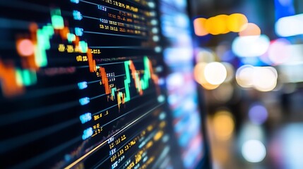Poster - Detailed view of stock market data displayed on a screen showing upward trends and financial indicators in a busy trading environment : Generative AI