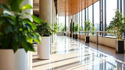 Poster - Bright and Modern Indoor Space with Lush Green Plants and Polished Floors : Generative AI