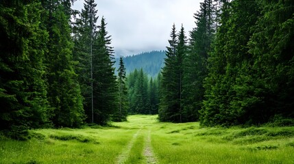 Poster - Lush Green Forest Pathway Surrounded by Majestic Pine Trees Under a Cloudy Sky : Generative AI