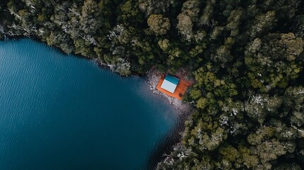 Poster - Aerial view of a tranquil lakeside cabin surrounded by lush greenery and clear blue water : Generative AI