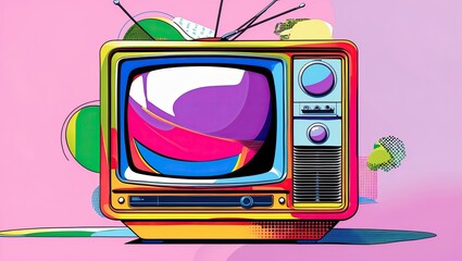 Poster - Vibrant retro television set with colorful patterns and modern design elements against a pink background, creating a playful atmosphere