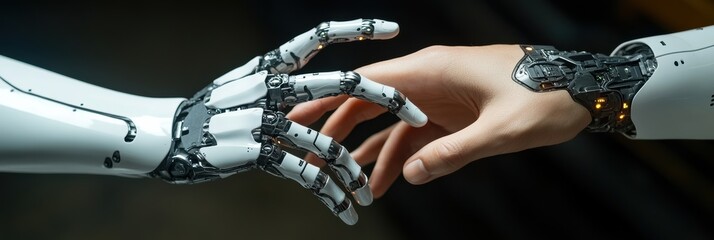 Poster - Human hand interacts with robotic hand to activate advanced technology