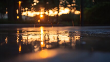 Fototapete - Stunning sunset reflects on wet pavement showcasing beautiful raindrops in golden hour : Generative AI