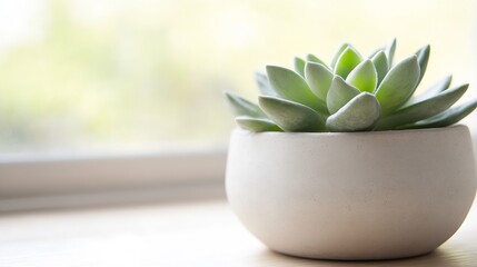 Poster - Closeup of a lush succulent plant in a minimalist ceramic pot with natural light background : Generative AI