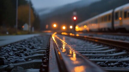 Poster - Shimmering railway tracks under evening lights showcasing a train journey ahead : Generative AI