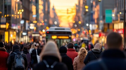 Poster - Vibrant urban street scene at sunset with people walking and a bus in the distance : Generative AI