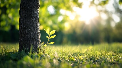 Poster - A closeup view of a young green plant growing at the base of a tree in a sunlit environment : Generative AI