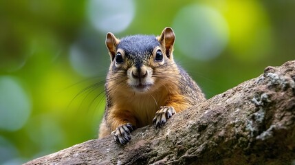 Poster - Closeup portrait of a curious squirrel perched on a branch with a soft blurred background in nature : Generative AI