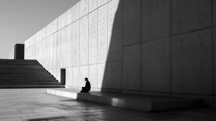 Aufkleber - Minimalistic silhouette of a person meditating in a spacious concrete space illuminated by sunlight : Generative AI