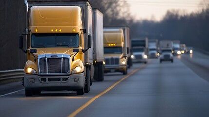Aufkleber - Yellow semitruck driving along a stretch of road loaded with cargo against a fading sunset : Generative AI