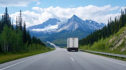 Aufkleber - Truck driving on a scenic highway surrounded by majestic mountains and lush greenery : Generative AI