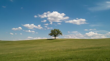 Aufkleber - Lone Green Tree in Vibrant Grass Field Under a Bright Blue Sky with Fluffy Clouds : Generative AI