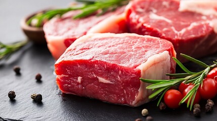 Poster - Fresh beef cuts displayed on a stone surface with herbs and spices for a culinary delight : Generative AI