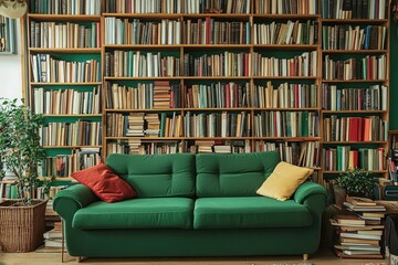 Poster - A comfortable green couch placed in front of a classic bookshelf