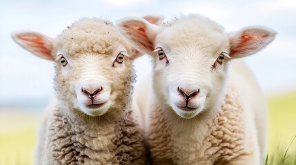 Poster - Adorable twin lambs posing together in a vibrant rural landscape under a clear blue sky : Generative AI