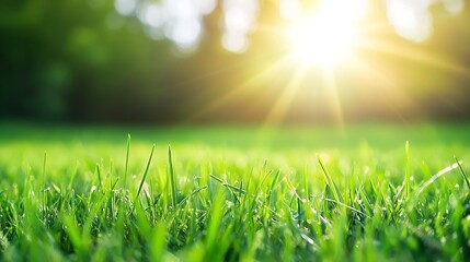 Poster - Sunlight Bursting Through Green Grass in a Vibrant Natural Park Landscape : Generative AI