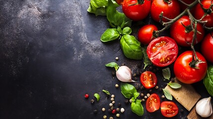 Poster - Fresh Ingredients Featuring Ripe Tomatoes and Basil Leaves on a Dark Stone Surface for Cooking : Generative AI