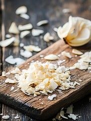 Poster - Freshly shaved white chocolate shavings on a rustic wooden board with a coconut shell : Generative AI