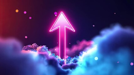Poster - Vibrant Neon Arrow Upward Amidst Colorful Clouds Symbol of Growth, Positivity, and Light in Abstract Digital Landscape