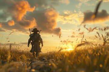 Poster - A man wearing a hat and holding a gun stands in a grassy field