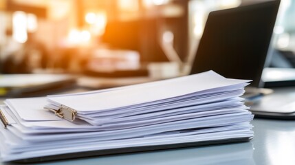 Aufkleber - A cluttered office desk with stacked papers and a laptop, highlighting a busy work environment