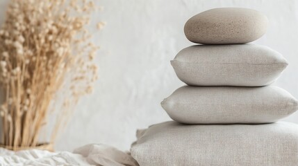 Leinwandbilder - An inviting arrangement of soft cushions and a natural stone placed harmoniously for a minimalist decor setting : Generative AI