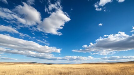Poster - Spacious open landscape with golden grassland under a dramatic blue sky filled with fluffy clouds : Generative AI