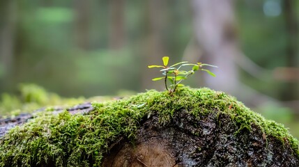 Poster - Closeup view of a small green plant growing on moss covered tree stump in a lush forest environment : Generative AI