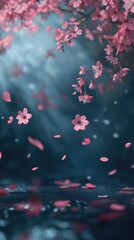 Poster - A pink flowered tree surrounded by calm water on a serene lake