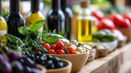 Poster - Colorful assortment of fresh vegetables and oils on display symbolizing health and culinary delights : Generative AI