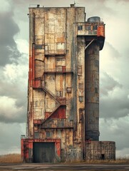 Poster - A tall urban building with a staircase leading up to the entrance