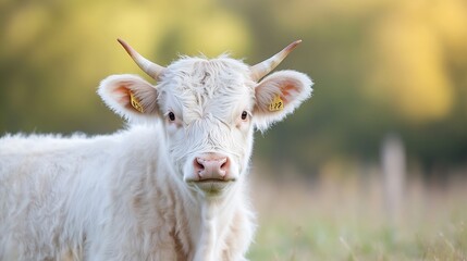 Poster - Closeup shot of a young white cow with ears marked for identification in a green pasture : Generative AI