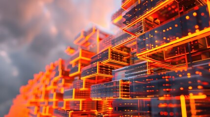 Poster - An artistic depiction of a fluorescent orange server stack set in an outdoor environment, showcasing modern technology and glowing design elements.