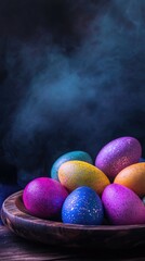Poster - Wooden bowl filled with vibrant hand-painted eggs, perfect for spring or Easter themes