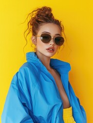 Aufkleber - A woman wearing sunglasses and a blue jacket