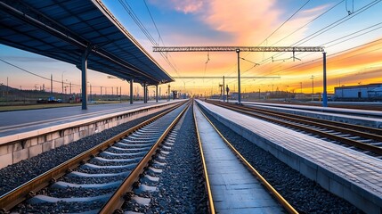 Poster - Vivid sunset colors fill the sky above an empty train station with railway tracks : Generative AI