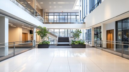 Poster - Bright and Spacious Corporate Lobby with Modern Design Featuring Greenery and Natural Light : Generative AI