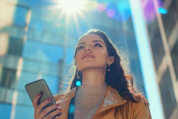Poster - A woman gazes up at her cell phone in contemplation, possibly checking messages or scrolling through social media