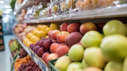 Poster - Fresh assortment of apples and peaches neatly arranged in a grocery store produce section : Generative AI