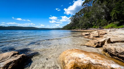 Aufkleber - Crystal clear water along a sandy beach with beautiful rocky formations under a bright sunny sky : Generative AI