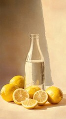 Poster - Fresh lemons with a bottle of milk on a table
