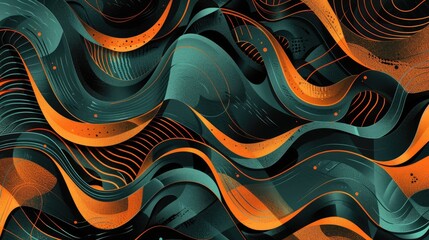 Poster - Abstract green and orange flowing lines with topographic elements. Abstract image of digital wave with green and orange line overlapping together. Digital art for dynamic and modern design. AIG51.
