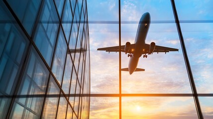 Poster - Airplane flying near glass building with reflections during sunset capturing the beauty of air travel : Generative AI