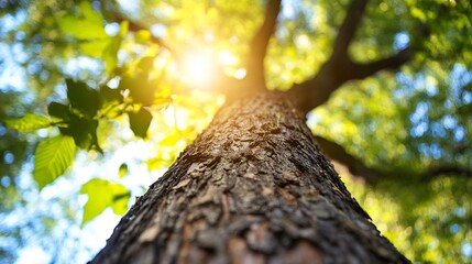 Poster - Majestic view of a towering tree with sun rays filtering through lush green leaves : Generative AI