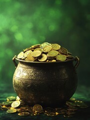 Poster - A pot filled with shiny gold coins sits on a wooden table