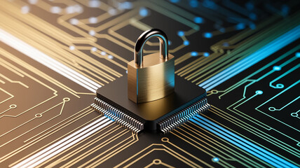 Poster - Gold padlock on black circuit board,  symbolizing digital security and data protection, ideal for tech or cybersecurity concepts